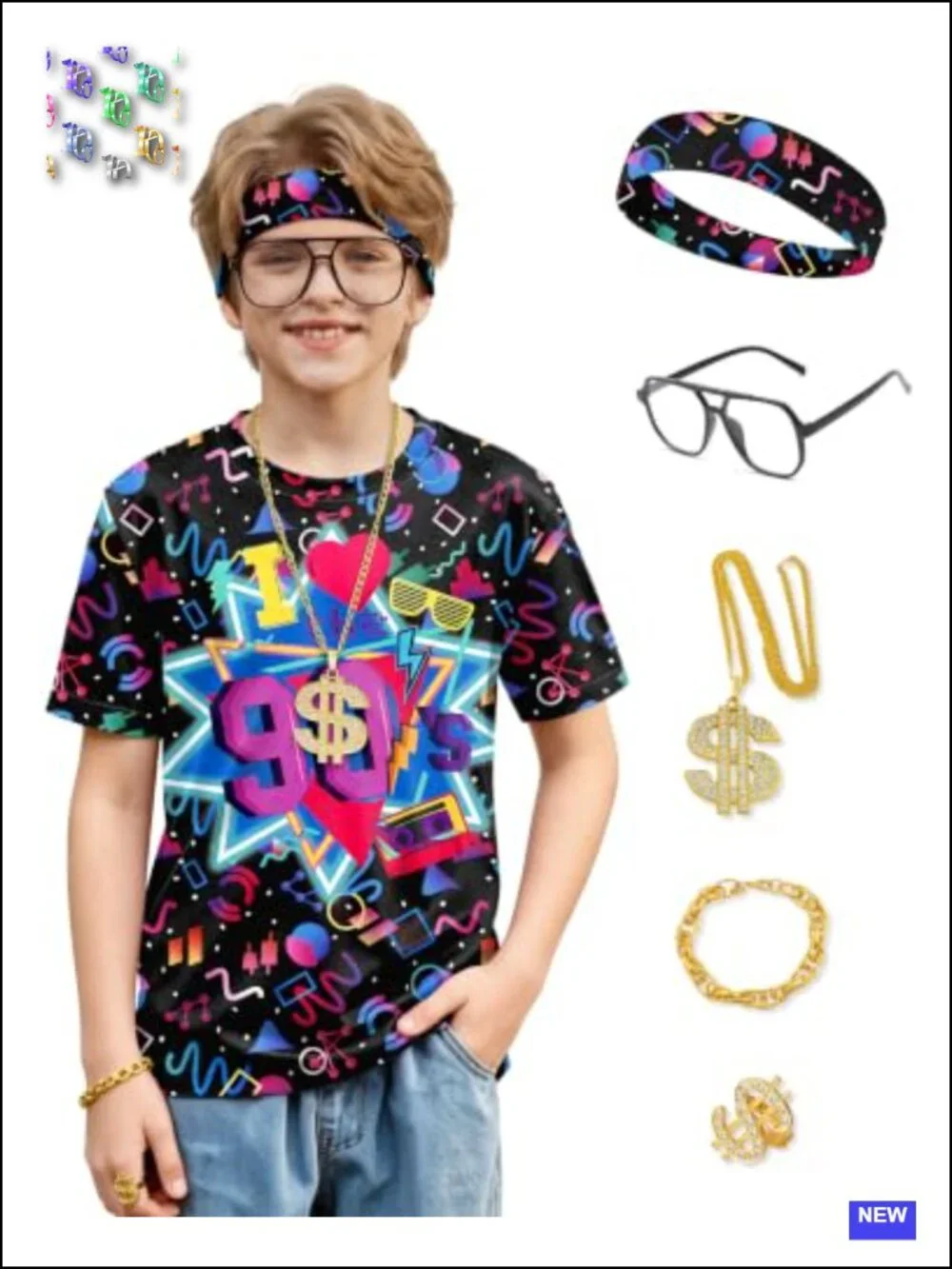 Boys 80s 90s HipHop Costume 6 Piece Disco Party Outfit Retro Geometric